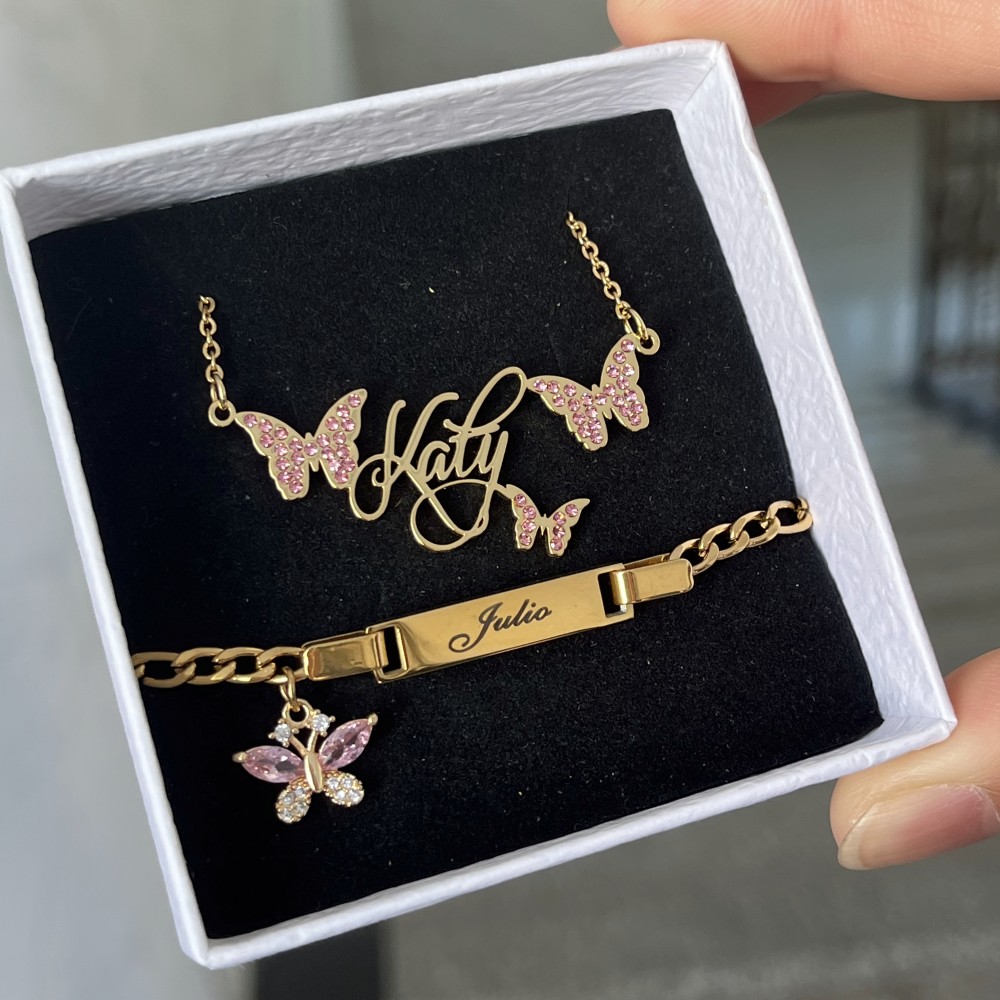 Name Necklace Custom - Duoying Custom Roze Vlinder Set Gepersonileerde