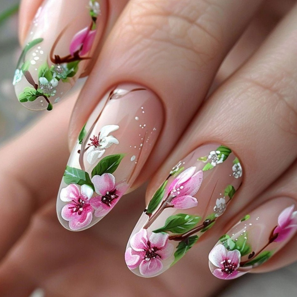 Pressed Flower Art - Korte Amandel Druk op Nagels 3D